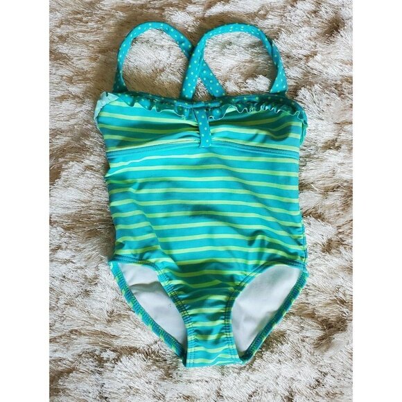 Girl's Xhilaration Neon GreenTurquoise Striped Summer Swimsuit Size XS 4-5 - Picture 1 of 4